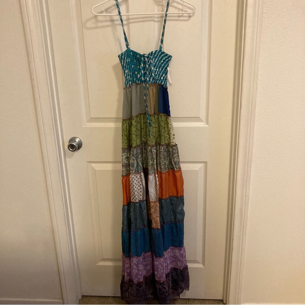 Sans Souci 100% Silk Multitexture Ruffle Boho Patchwork Maxi Dress Size M - Picture 2 of 14